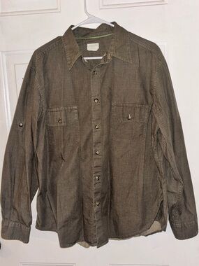 St. John's Bay Organics Dark Olive button down Shirt with Green Trim
